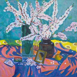 Moesey Li: 'Spring still life ', 2001 Oil Painting, Floral. Artist Description: realism, still life, spring, flowers, apricot, vase, apple...